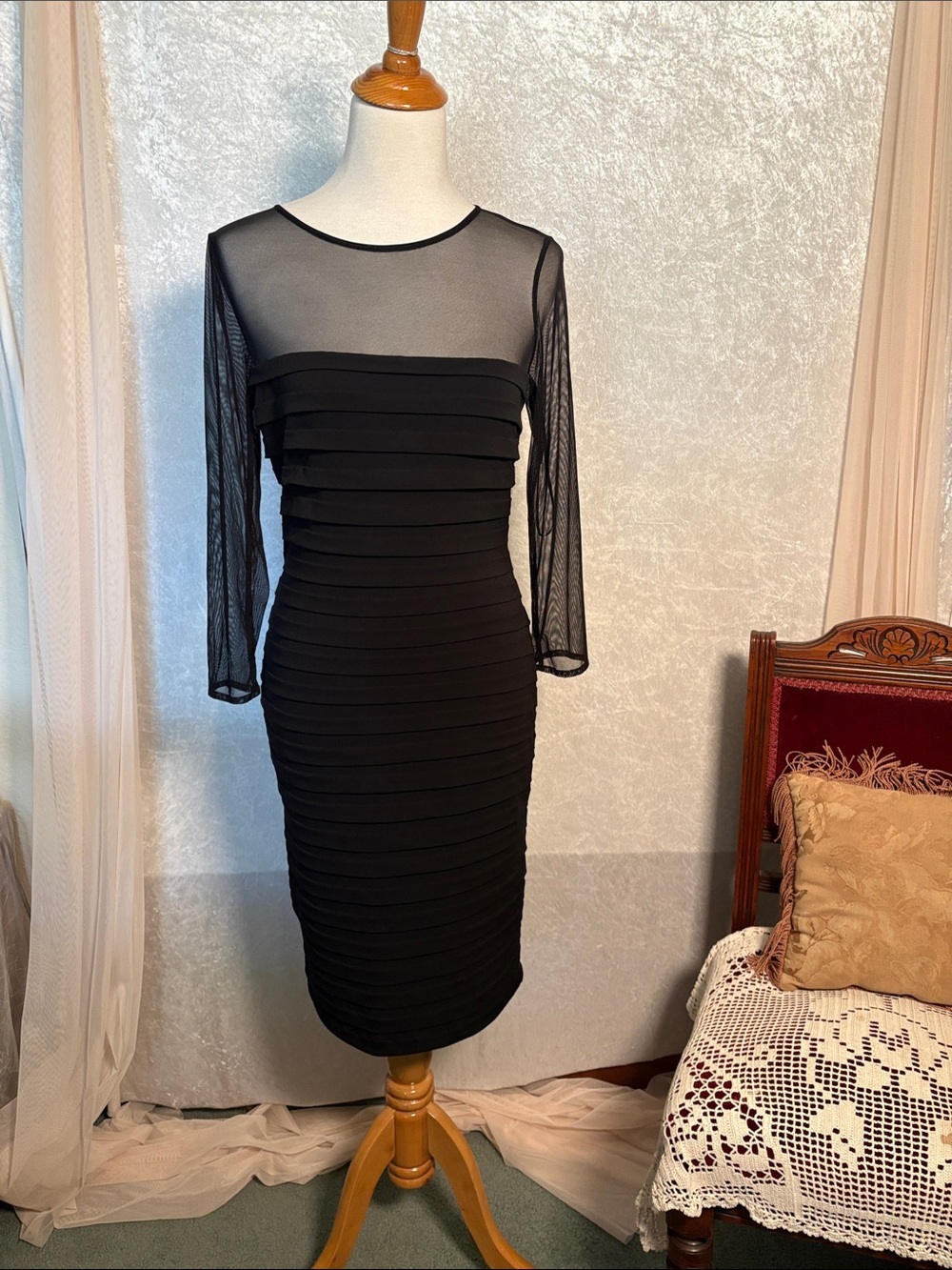 TADASHI Collection Black Midi top sheer long sleeves Dress (M)